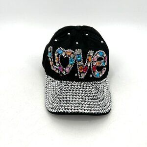 NWOT Gag Gift Women's Black Colorful Love Rhinestone Bead Adjustable Back Hat